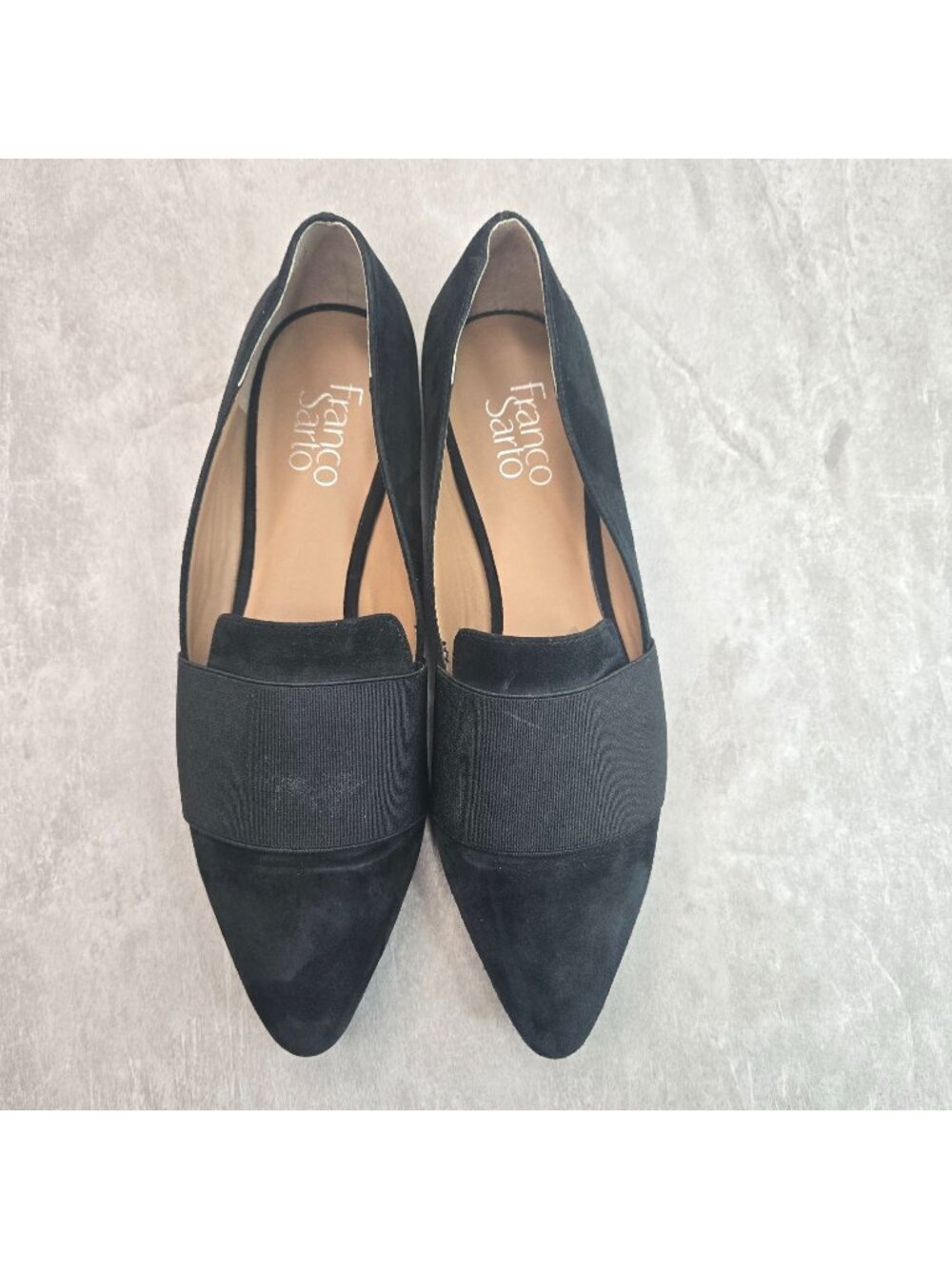 Franco Sarto Flat Shoes Suede Black Minimalist Preppy Slip On Pointed Loafer 8.5